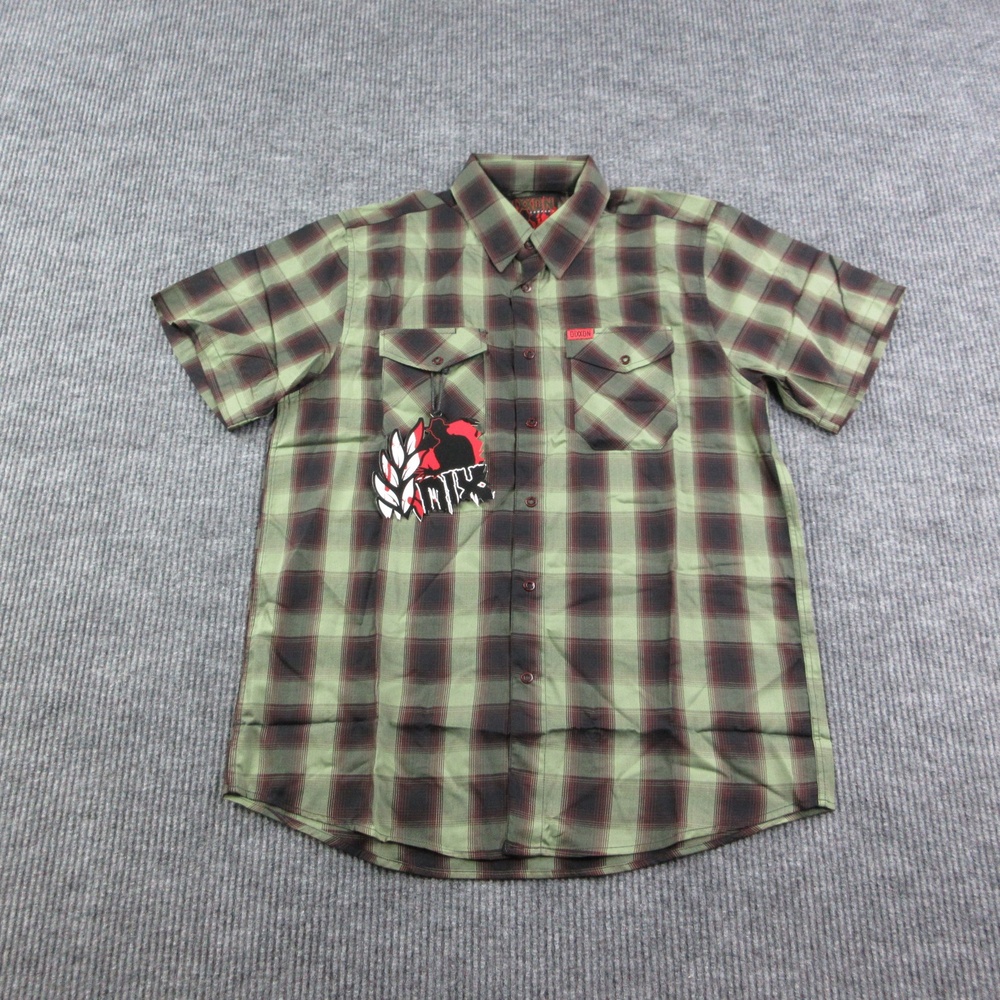 DIXXON Shirt Mens L Green Plaid Button-Up Short Sleeve Bamboo Flannel Patch NWT